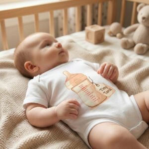 Newborn wearing ultra soft cotton baby bodysuit on neutral knit blanket