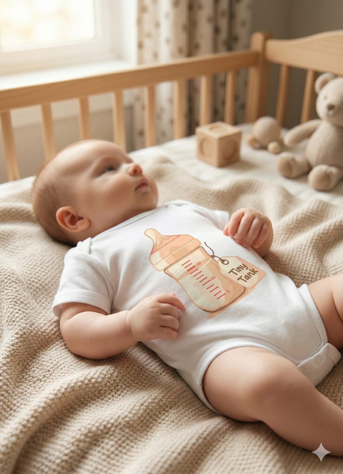 Newborn wearing ultra soft cotton baby bodysuit on neutral knit blanket