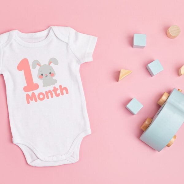 Baby Girl 1 Month Milestone Bodysuit – Cute Bunny Design